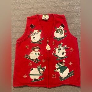 (M) Vintage Festive Sledding Snowman Red Knit Vest